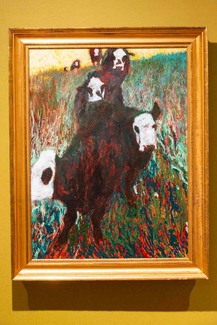 Artist Jamie Wyeth's painting entitled A Midsummer Night's Dusk is featured during the press preview of Wyeth's new exhibition Jamie Wyeth: Unsettled at the Brandywine Museum of Art in Chadds Ford, Pa., Friday, March 15, 2024. The exhibit features more than 50 works drawn from museum and private collections across the country that "trace a persistent vein of intriguing, often disconcerting imagery," over Wyeth's career.