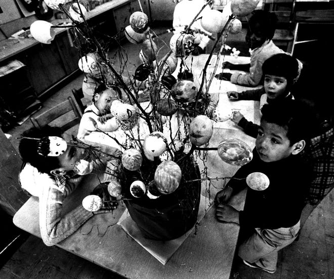 Children decorate and Easter egg tree in day care at Shortlidge Elementary in Wilmington in 1982.