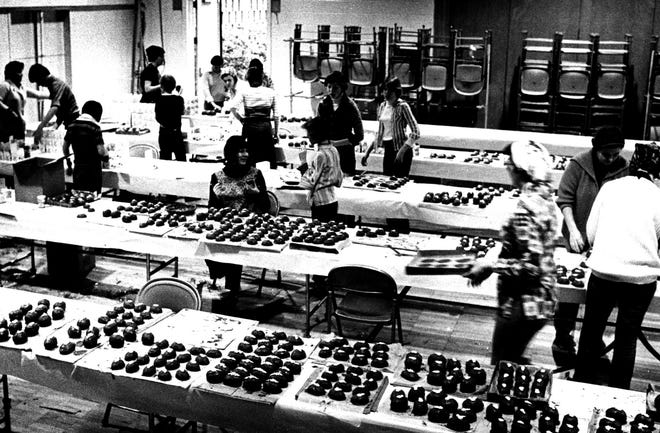 Volunteers prepare chocolate Easter Eggs in Wilmington in 1977.