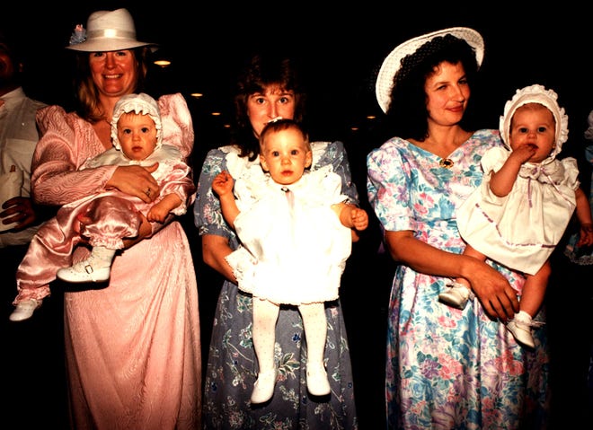 Proud mothers display their babies for the judges at the Easter Promenade at the Rehoboth Convention Center in 1989. From left are Betty Strickler with 10-month-old Jessie Lou, Alberta Allen with 8-month-old Andrianne and JoAnn Economos with 6-month-old Carly.