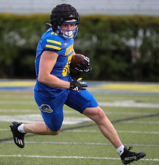 Delaware tight end Matt Carlino runs after a catch during the Blue and White Spring Game at Delaware Stadium, Friday, April 19, 2024.