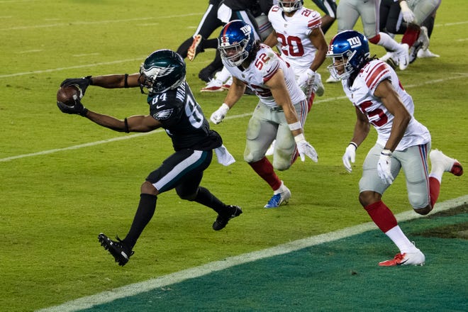 Eagles' Greg Ward (84) scores a touchdown against the Giants Thursday, Oct. 22, 2020 in Philadelphia, Pa.