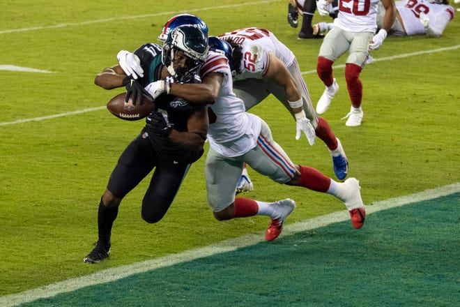 Eagles' Greg Ward (84) scores a touchdown against the Giants Thursday, Oct. 22, 2020 in Philadelphia, Pa.