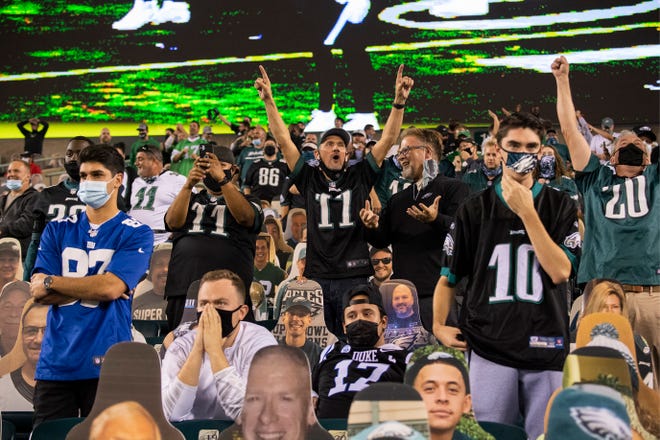 Fans react as the Eagles beat the Giants 22-21 Thursday, Oct. 22, 2020 in Philadelphia, Pa.