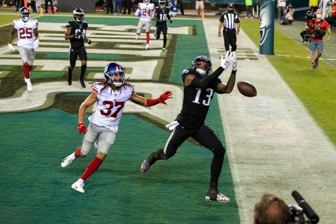 Eagles' Travis Fulgham (13) misses a pass in the end zone against the Giants in Philadelphia, Pa. on Thursday, Oct. 22, 2020.