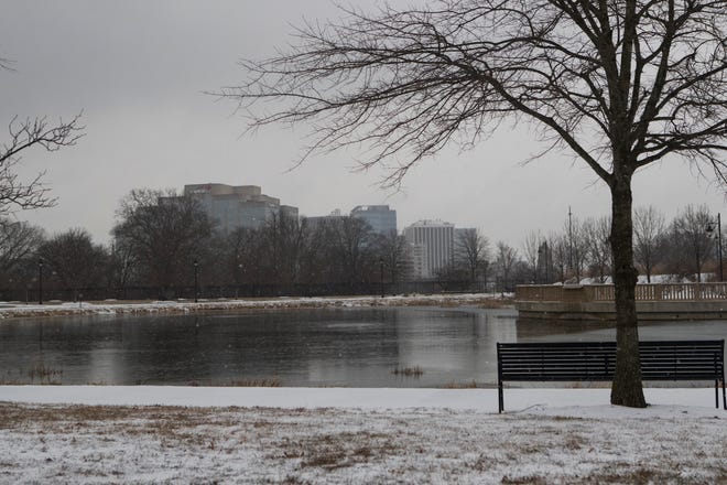 A light dusting of snow covers Cool Spring Park Thursday, Feb. 18, 2021.